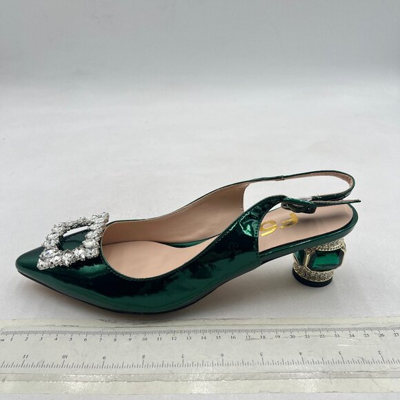 FSJ Green Crystal Square Buckle Pointed Toe Slingback Rhinestone Heel Pumps - Picture 2 of 8